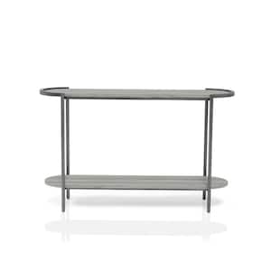 Elosi 48.75 in. Light Gray and Brushed Gun Metal Oval Wood Console Table with Shelf