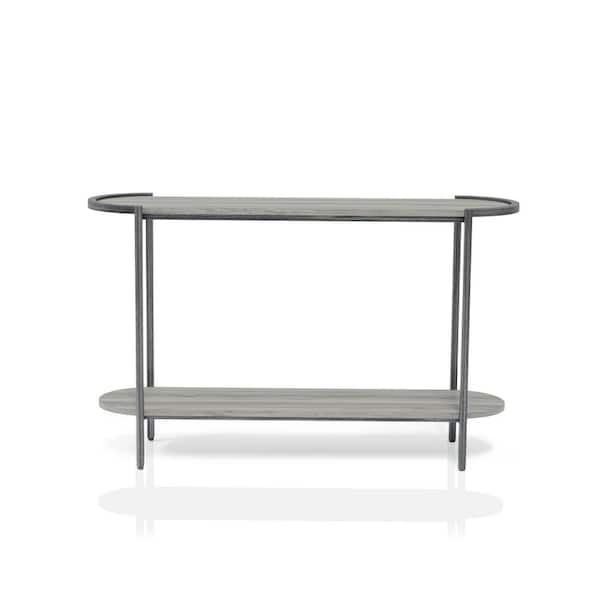 Furniture of America Elosi 48.75 in. Light Gray and Brushed Gun Metal Oval Wood Console Table with Shelf