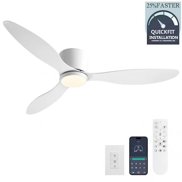 52 in. Smart Low Profile White Indoor Ceiling Fan with 3-Blades LED Light Remote and Wall Control