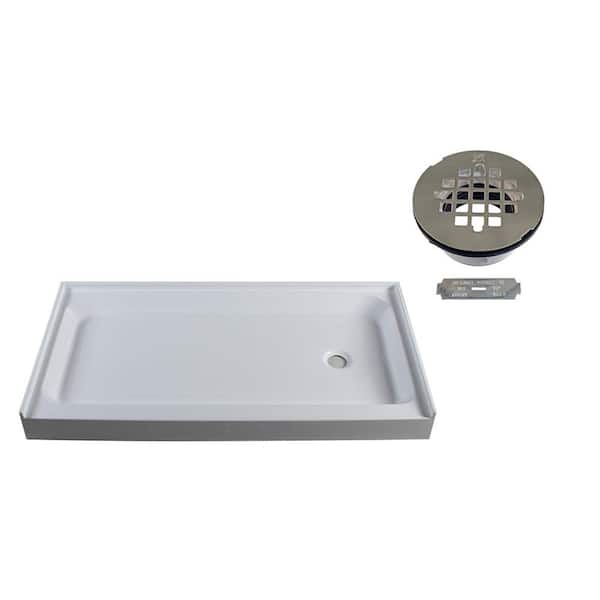 60 in. L x 34 in. W Single Threshold Alcove Shower Pan Base with Right Hand Plastic Drain in Satin Nickel
