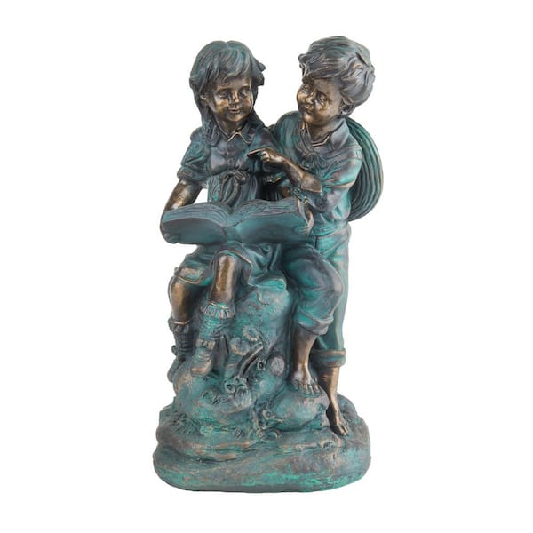 15 in. Tall Indoor/Outdoor Girl and Boy Reading Together Statue Yard Art Decoration