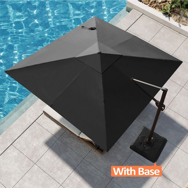 Pellebant 10.5 ft. x 10.5 ft. Square Aluminum Cantilever Adjustable Tilt 360° Rotation Patio Umbrella in Black with Base