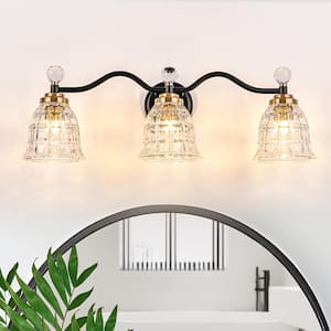 26.77 in. 3-Light Black and Gold Bathroom Vanity Light Fixture with Textured Glass Shade