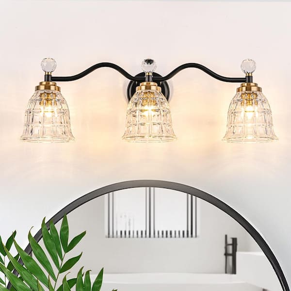 26.77 in. 3-Light Black and Gold Bathroom Vanity Light Fixture with Textured Glass Shade