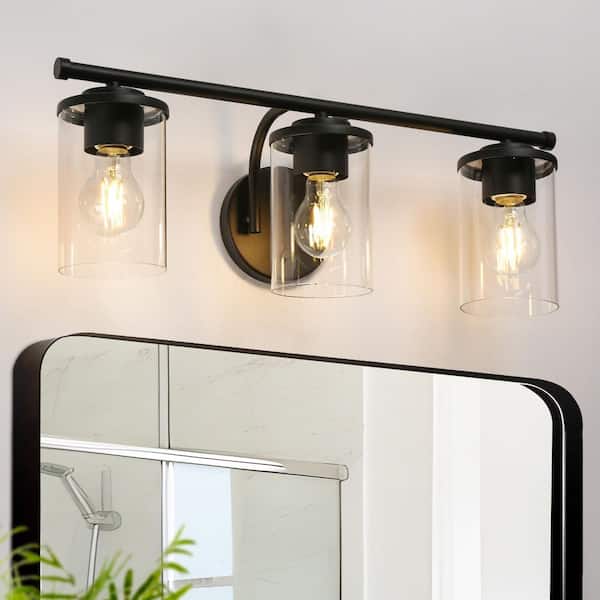 Modern Matte Black Vanity Light 21.75 in. 3-Light Bathroom Powder Room Wall Light with Cylinder Clear Glass Shades