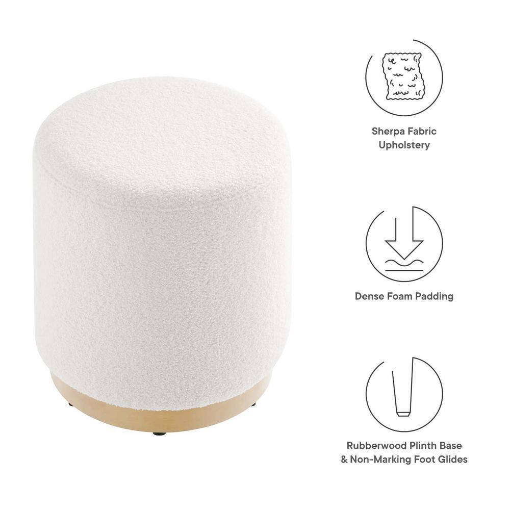Ivory Sherpa Upholstered Round Ottoman with Rubberwood Base