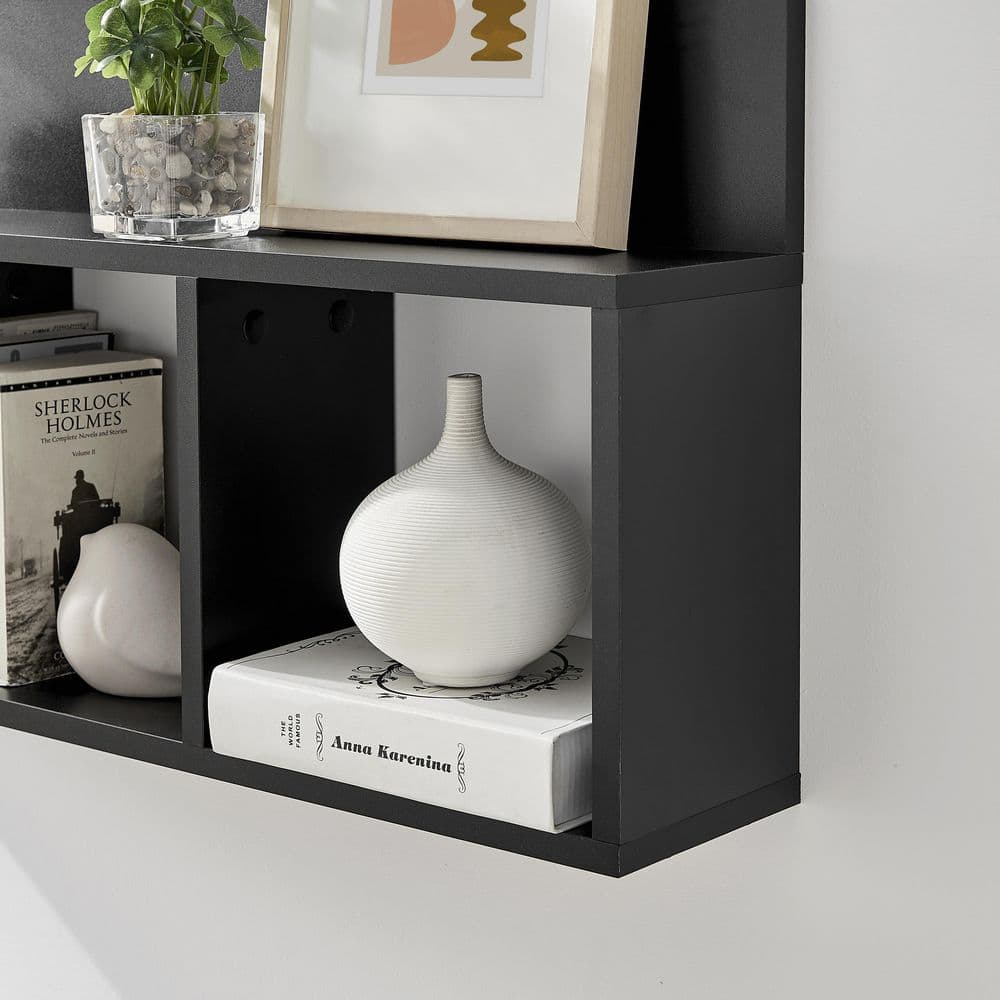 Black MDF 34" Floating Cube Wall Shelf with Display Ledge