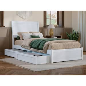 Casanova White Solid Wood Frame Twin XL Platform Bed with Panel Footboard and Storage Drawers