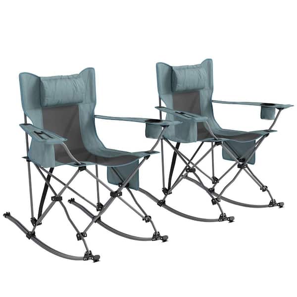 Rocking Camping Chair with Cooler Bag, Headrest and Cup Holder, Portable Foldable Rocker Chair for Outdoor, Gray, 2 Pack