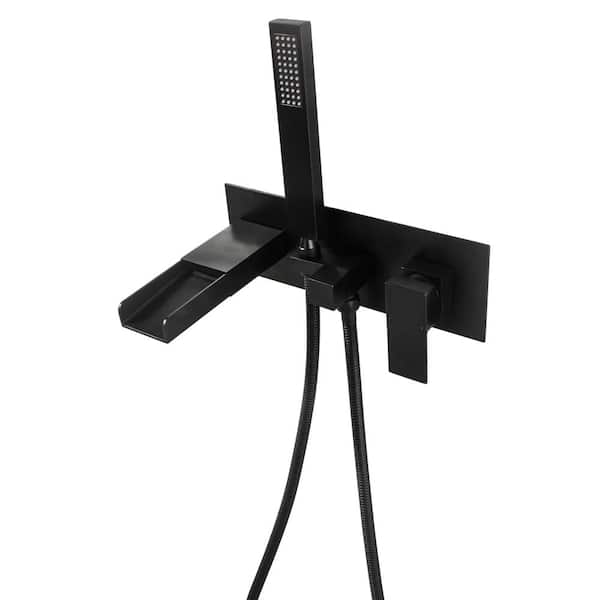 AIMADI Single--Handle Waterfall Wall-Mount Roman Tub Faucet with Hand Shower Modern Brass 3 Hole Bathtub Fillers in Matte Black