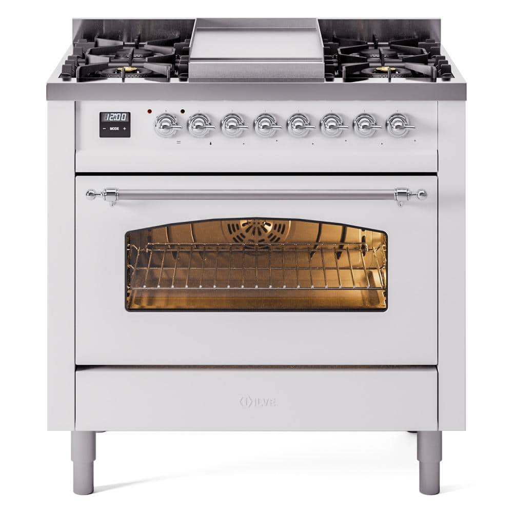 Nostalgie II 36 in. 6 Burner+Griddle Freestanding Dual Fuel Natural Gas Range in White with Chrome Trim -  ILVE, UP36FNMPWHC