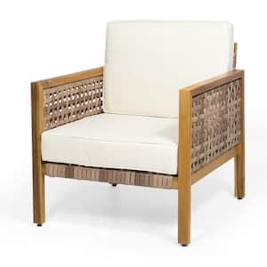 Zelda Teak Wood and Light  Multi-Brown Wicker Outdoor Patio Club Chair with Beige Cushions