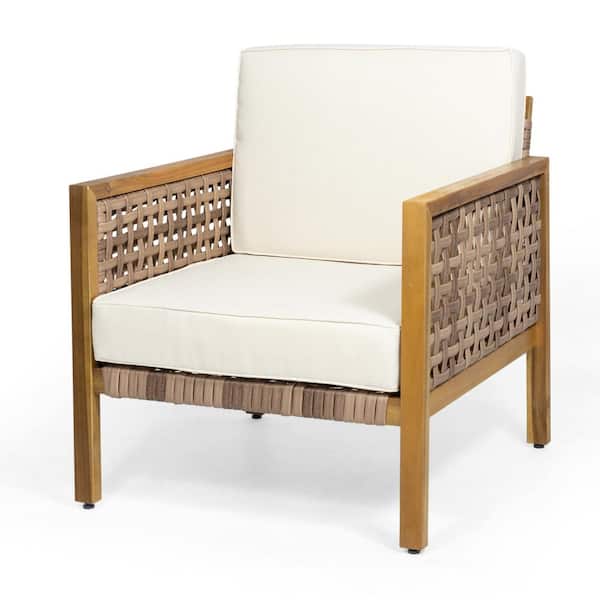 Noble House Zelda Teak Wood and Light Multi-Brown Wicker Outdoor Patio Club Chair with Beige Cushions