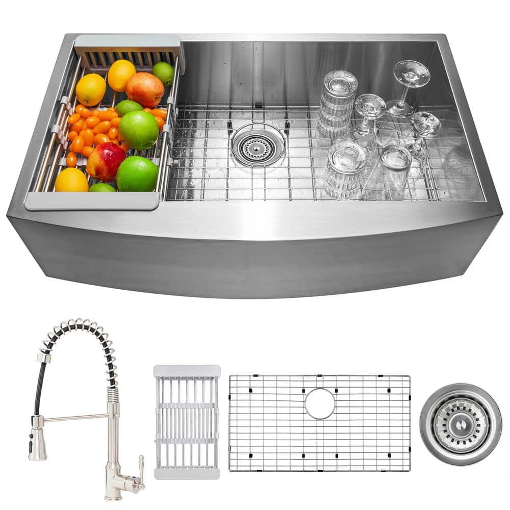 AKDY Handmade All-in-One Farmhouse Stainless Steel 33 in. x 22 in. Single Bowl Kitchen Sink Spring Neck Faucet, Accessories, Brushed Stainless Steel -  KS0428