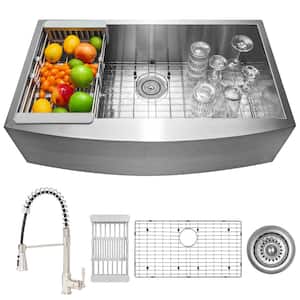 Handmade All-in-One Farmhouse Stainless Steel 33 in. x 22 in. Single Bowl Kitchen Sink Spring Neck Faucet, Accessories