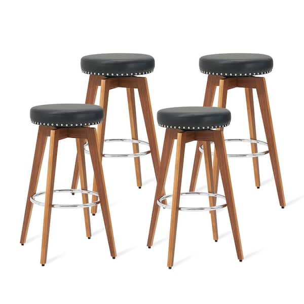 Glitzhome 31.25 in. H Balck Swivel Metal Wood Legs with Veneer Walnut Finish Leatherette Seat and Composite Bar Stool (Set of 4)