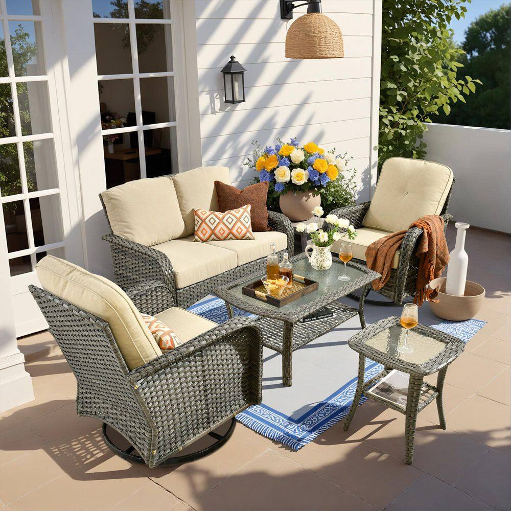 Gray 5-Piece Swivel Wicker Outdoor Lounge Chair Sofa Set with Beige Cushions & 2 Table for Patio, Garden (2-Pack) price history on PriceWatchPro