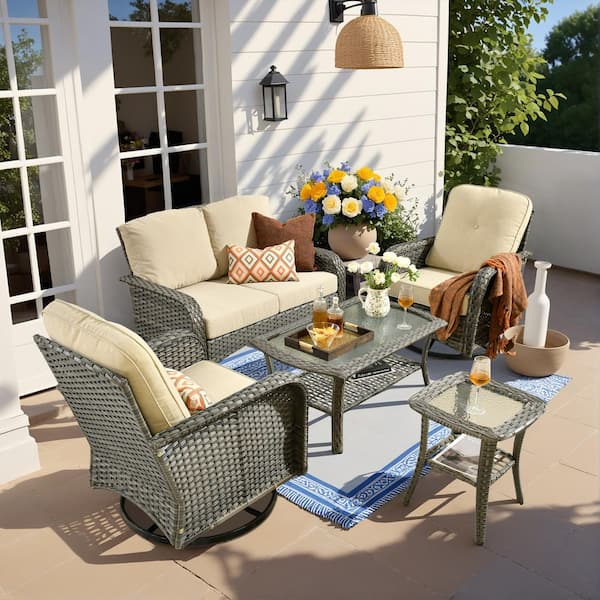 Gray 5-Piece Swivel Wicker Outdoor Lounge Chair Sofa Set with Beige Cushions & 2 Table for Patio, Garden (2-Pack)