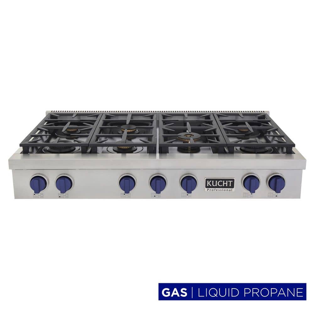 Professional 48 in. Natural Gas Range Top in Stainless Steel and Royal Blue Knobs with 7 Burners