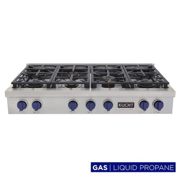 Kucht Professional 48 in. Natural Gas Range Top in Stainless Steel and Royal Blue Knobs with 7 Burners