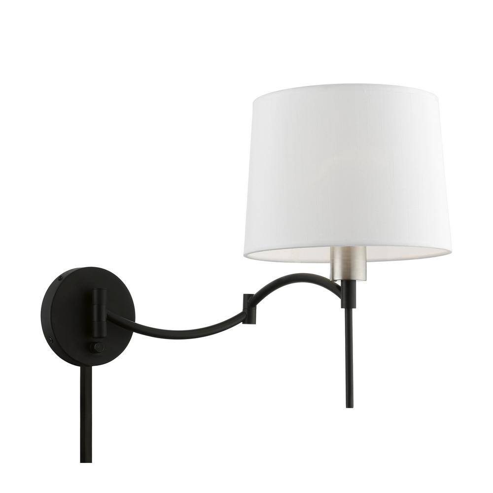 Black and Brushed Nickel Swing Arm Wall Lamp with Off-White Shade