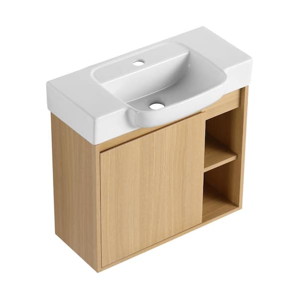24 in. Wall-Mounted Bathroom Vanity with White Ceramic Sink & Soft-Close Door, Light Oak Floating Bathroom Cabinet