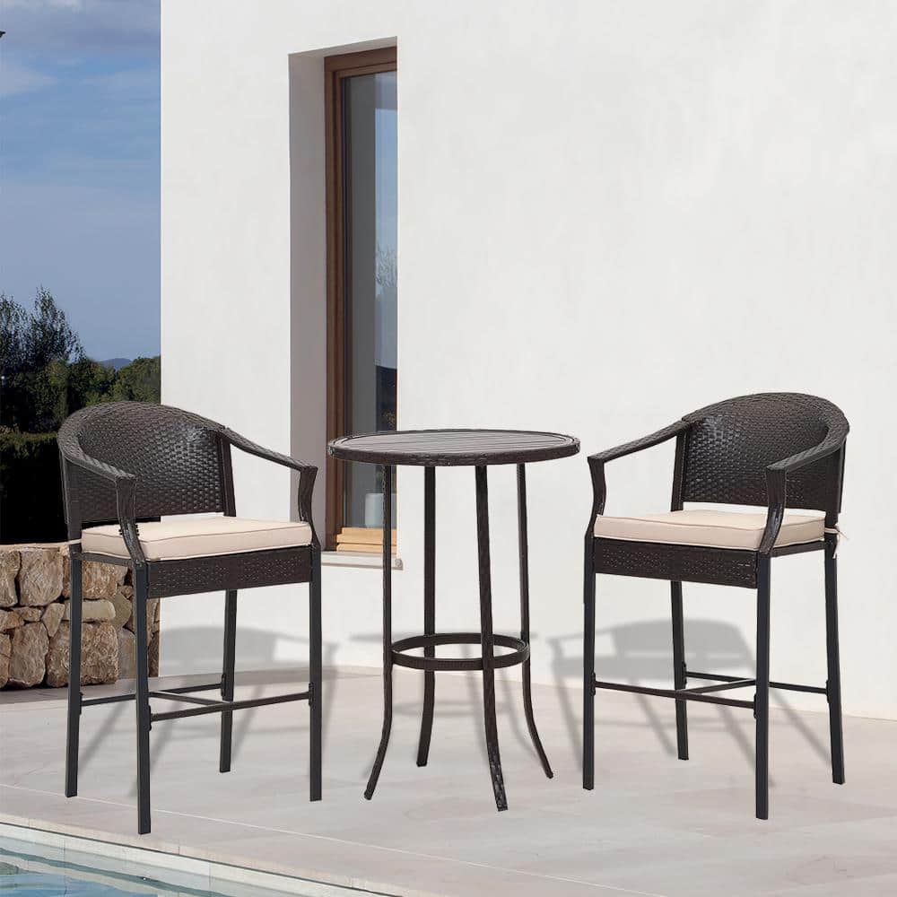 Black 3-Piece Metal Outdoor Bistro Patio Bar Set with Beige Cushion Bar Tab