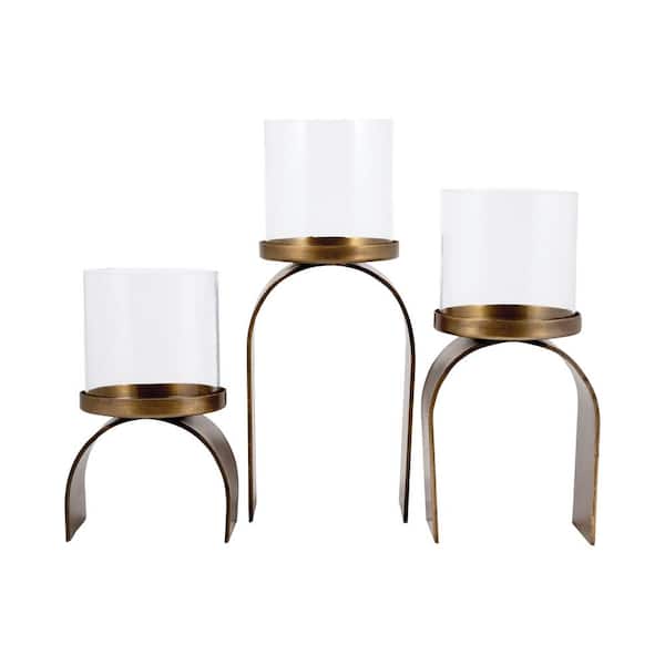 Titan Lighting Arch 12 in., 11 in. and 8 in. Antique Brass and Clear glass Candle Holders (Set of 3)