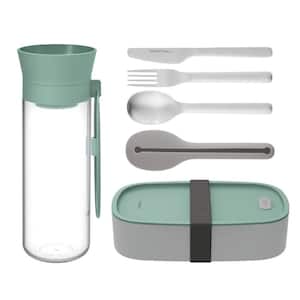 Grey and Green Water Bottle Flatware and Bento Box Leo Lunch Set