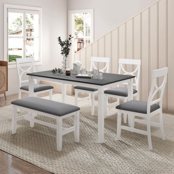 Farmhouse 6-piece White Rectangle MDF Top Dining Table Set Seats 6 with Upholstered Bench and 4 Chairs