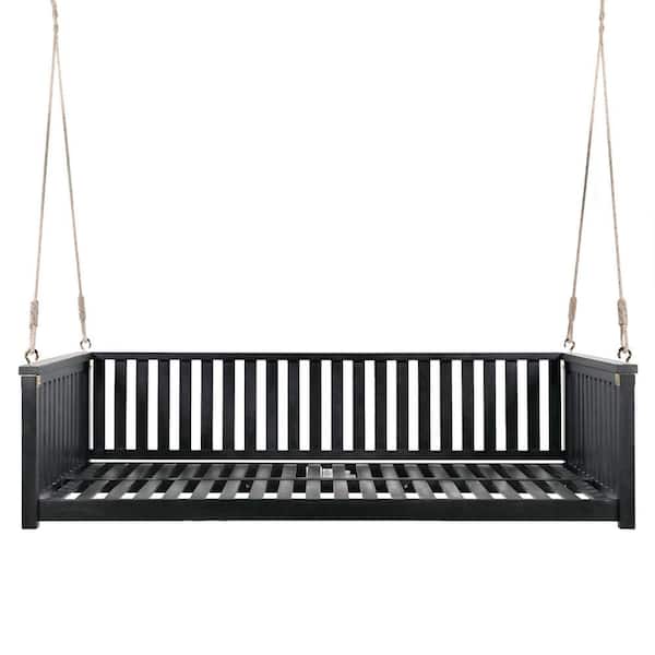2-Person Black Acacia Wood Porch Swing with Ropes and Safe Sloped Design, High Weight Capacity