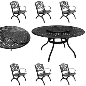 Black 7-Piece Aluminum Round Outdoor Dining Set with Lazy Susan and 6-Chairs