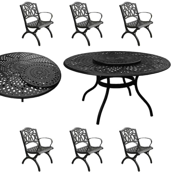 Oakland Living Black 7-Piece Aluminum Round Outdoor Dining Set with Lazy Susan and 6-Chairs
