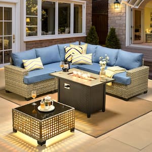 Kelleys 7-Piece Wicker Outdoor Patio Conversation Sofa Sectional Set with a Fire Pit and Sky Blue Cushions