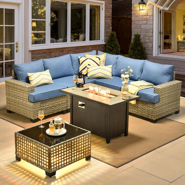 HOOOWOOO Kelleys 7-Piece Wicker Outdoor Patio Conversation Sofa Sectional Set with a Fire Pit and Sky Blue Cushions