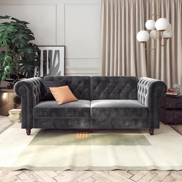 DHP Furini Gray Velvet Sofa Futon Mattress