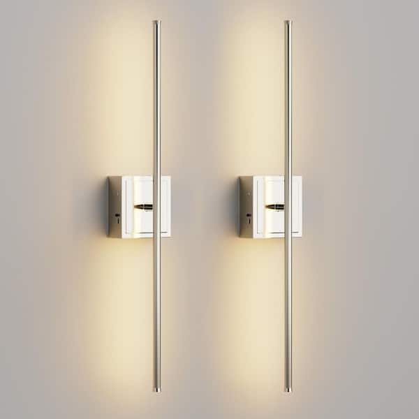 28 in. 1-Light Wall Sconces Nickel Wireless Lights with Remote 350° Rotation (2-Pack)