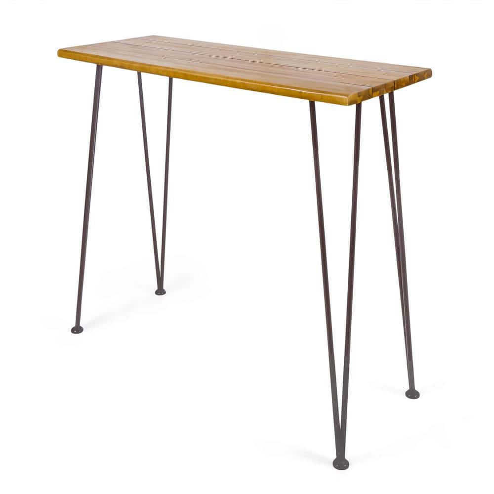 Teak and Metal Industrial Outdoor Bar Table