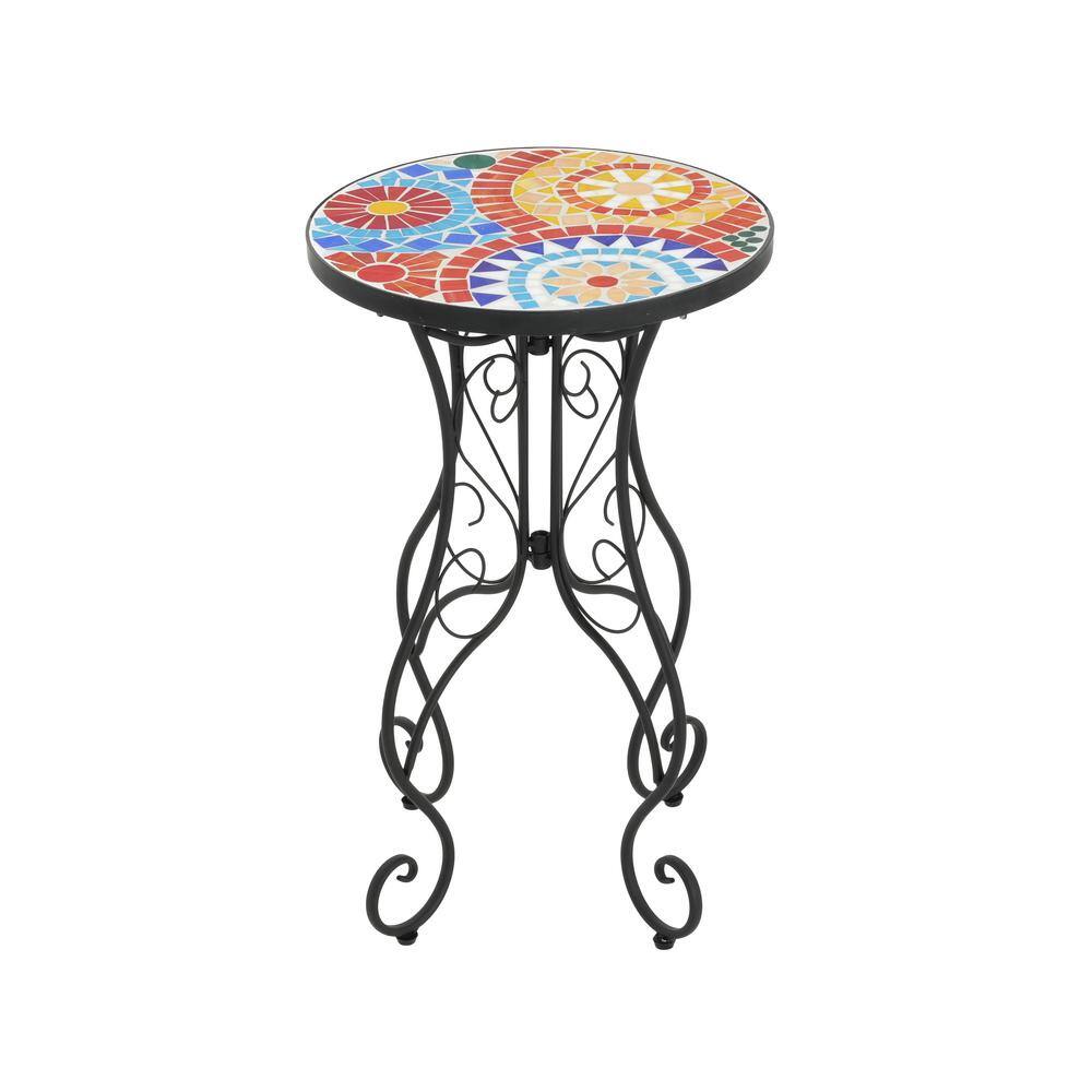 Colorful Ceramic Tile Floral Design Outdoor Accent Table with Black Iron Frame