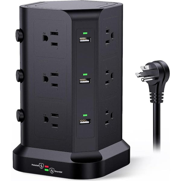 Power Strip Tower Surge Protector 12 AC Multiple Outlets & 6 USB Ports Heavy Duty Extension Cord 6.5 ft. in Black