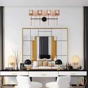 Echonalyri Modern 4-Light Matte Black and Plating Brass Vanity Light with Geometric Gray Textured Glass Shades