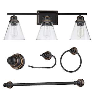 Mhate 25.98 in. 3-Light Oil Rubbed Bronze Finish Bath Vanity Light with Clear Glass Shade and Bath Set (5-Piece)