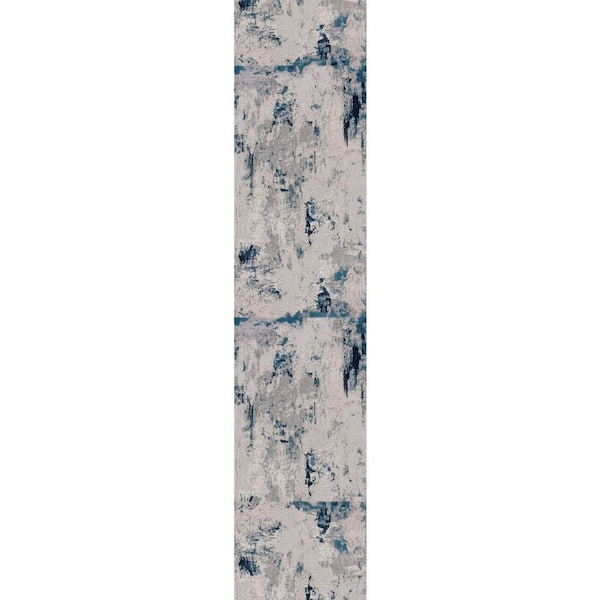 Vogue, Blue Cream, Contemporary 2 ft. x 25 ft. Abstract Indoor Runner Rug