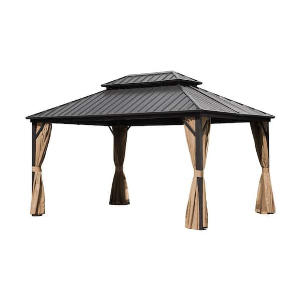 LATTOY 12 ft. x 14 ft. Double Galvanized Steel Roof Aluminum Frame Outdoor Patio Hardtop Gazebo with Netting and Curtains