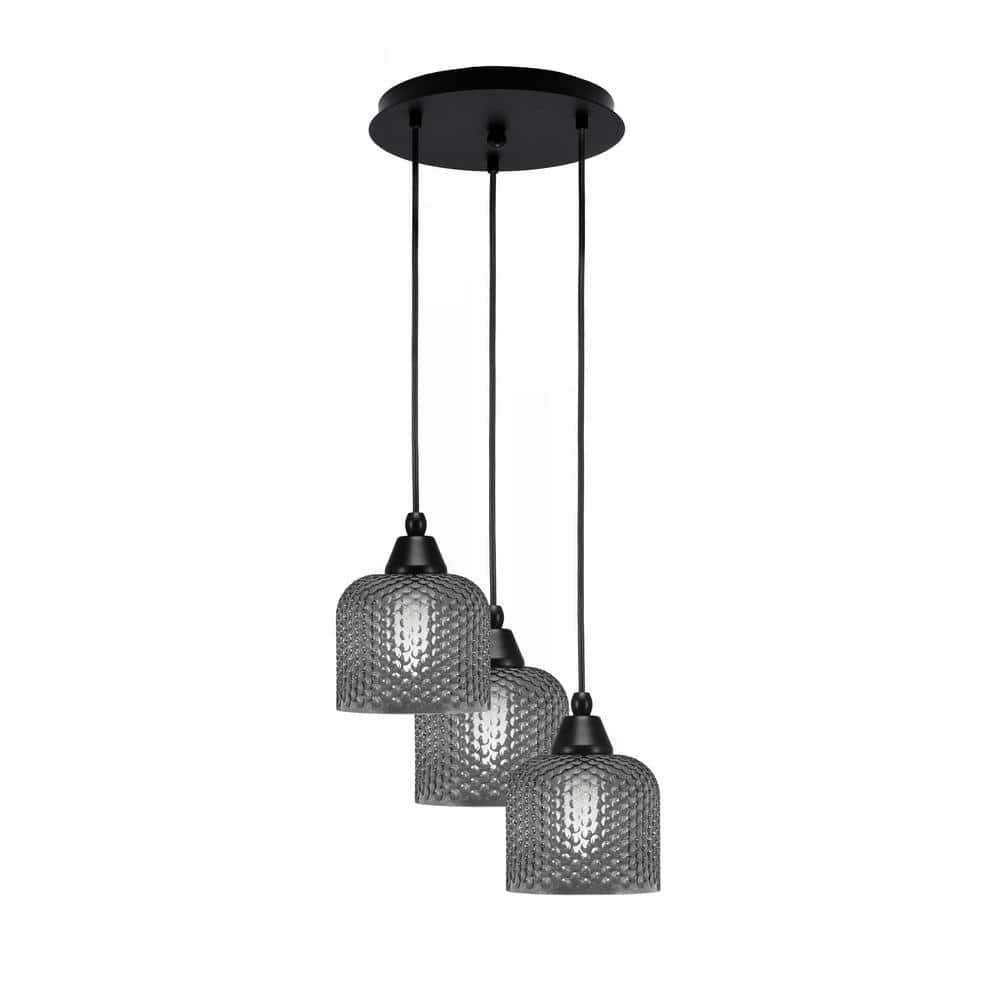 Savannah 9 in. 3-Light Matte Black Cord Pendant Light Smoke Textured Glass 