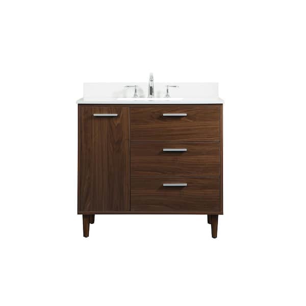 Unbranded Simply Living 36 in. W x 22 in. D x 34 in. H Bath Vanity in Walnut with Ivory White Engineered Marble Top