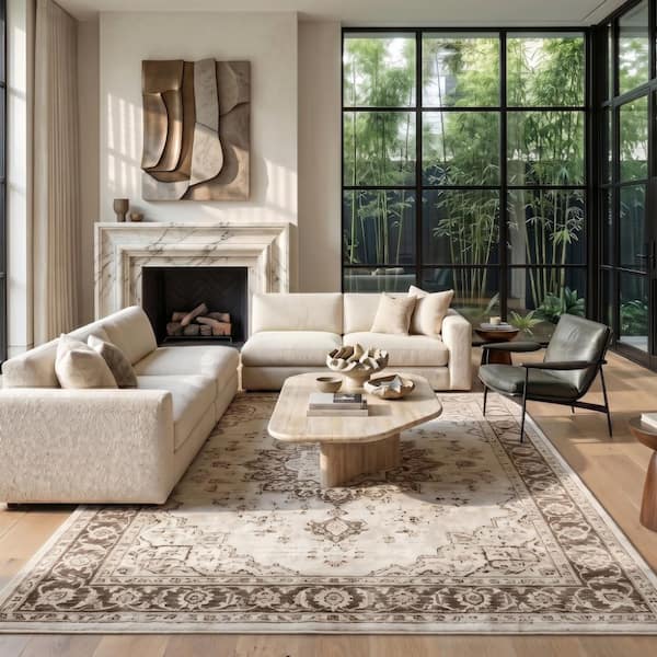 Alpine 5 x 8 Light Cream Medallion Pattern Area Rug for High Traffic Living Room Dining Room Bedroom