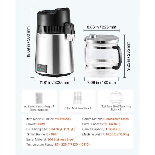 SKYSHALO 25 Cups, Larger Pure Water Distiller 6L 1.6 Gal. 900W