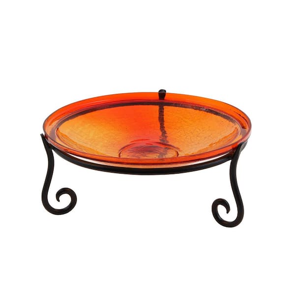 ACHLA DESIGNS 14 in. Dia Red Reflective Crackle Glass Birdbath Bowl with Short Stand II