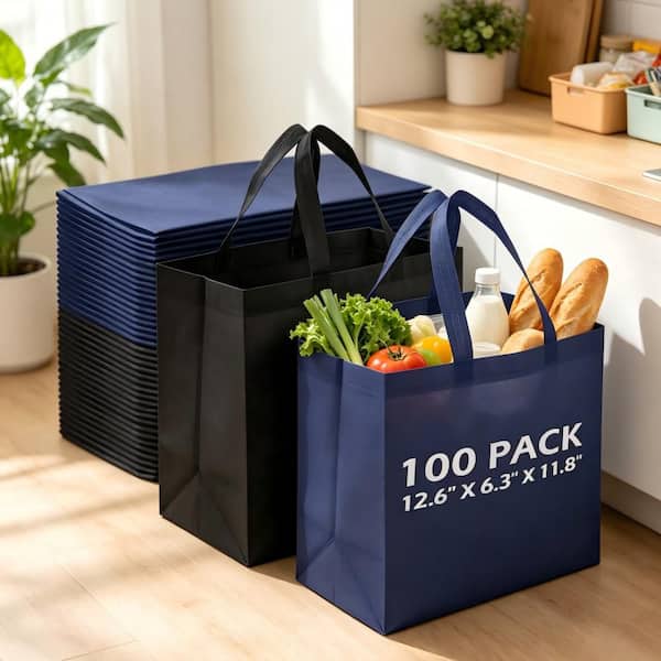 Blue Reusable Grocery Bag, Non-Woven Polypropylene Carry Tote, Blank DIY Surface, Foldable, (Set of 100) for Shopping